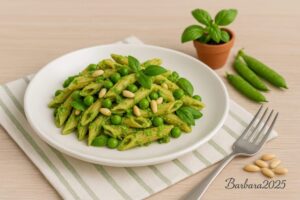 Pasta integrale al pesto di piselli e basilico