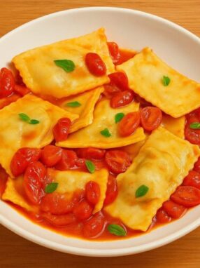 tortelli di semola ripieni alle melanzane con pomodorini datterini finale